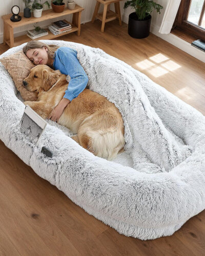 Human Dog Bed, Washable Faux Fur Dog Bed For People Doze Off, Napping Orthopedic Dog Bed,71'x45'x14  Size Fits You And Pets Grey
