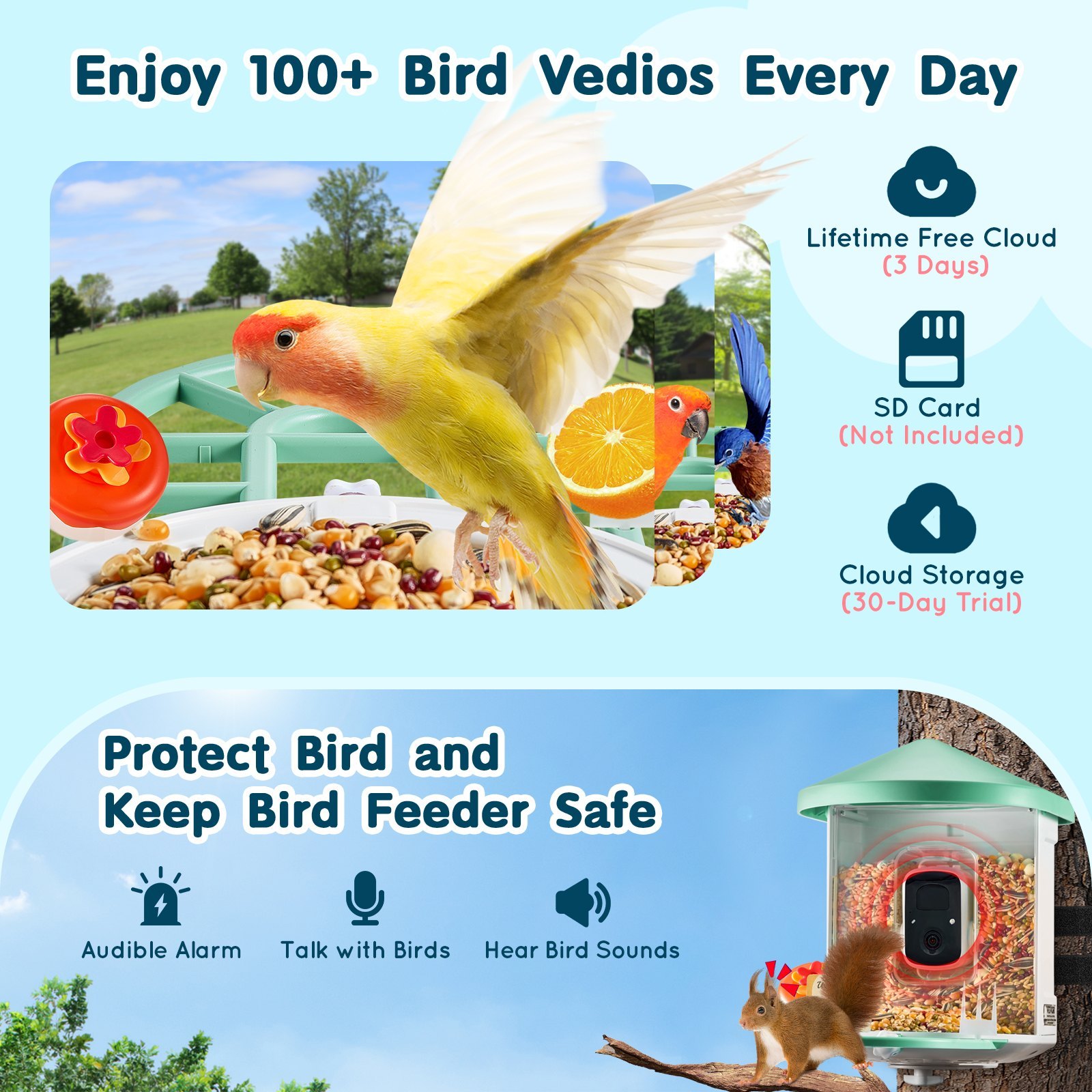 VEVOR Smart Bird Feeder With Camera 2K HD AI Identify Bird Species Auto Capture - Image 4